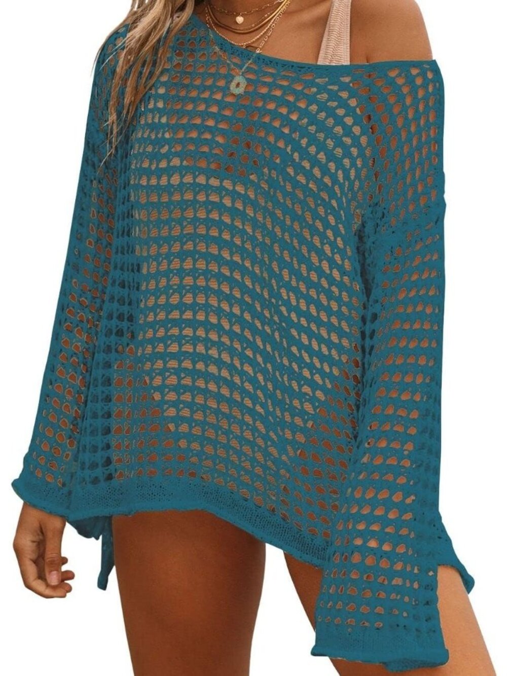Women's Peacock Blue Acrylic Crochet Cover Up Bathing Suit Cover Up Long Sleeve
